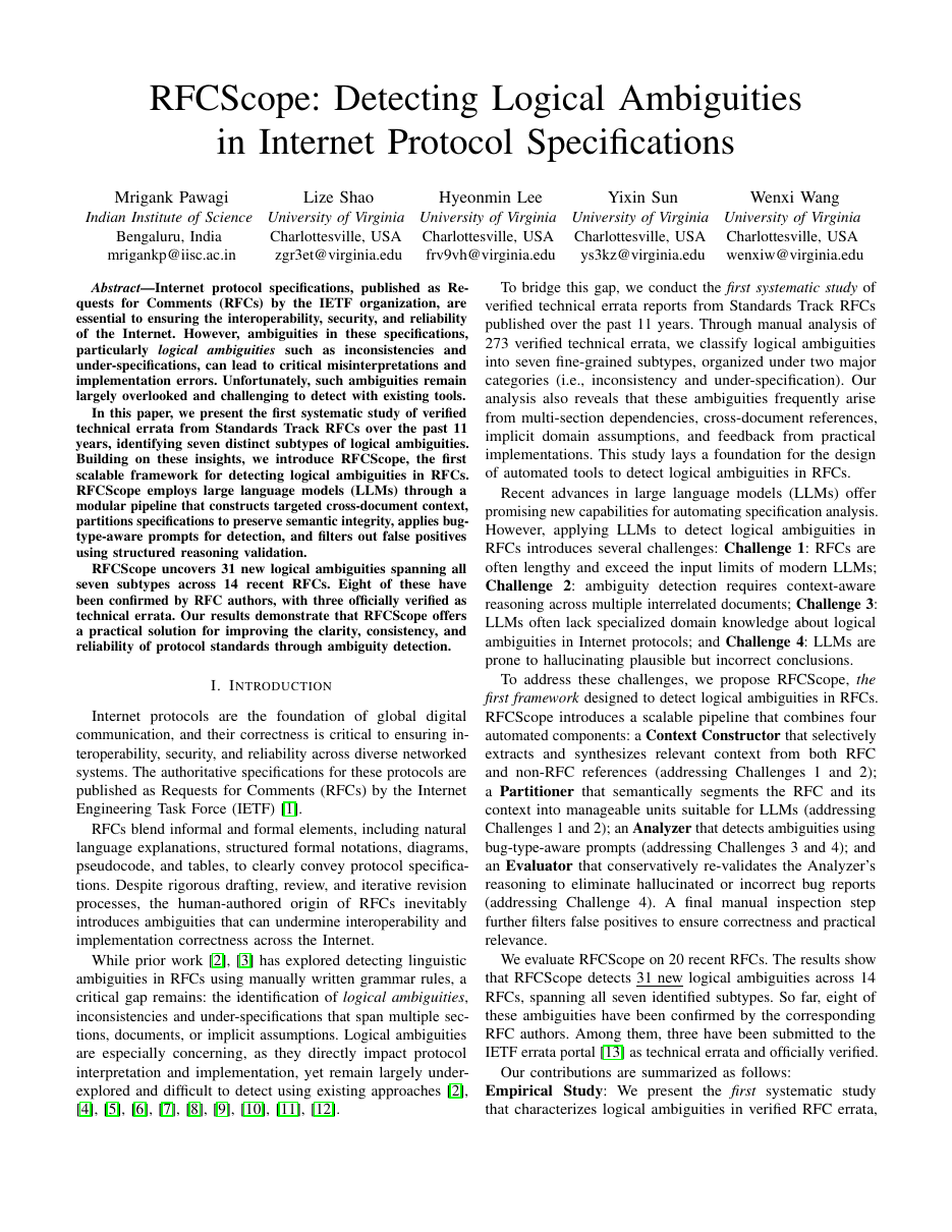 Research Paper Snippet for RFCScope: Detecting Logical Ambiguities in Internet Protocol Specifications